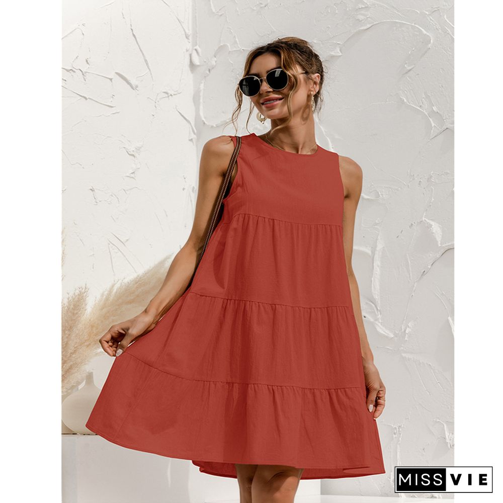 Summer Women Vest Dress Cotton O-Neck Sleeveless Solid Midi Dress Stitching Large Swing Casual Loose Sundress Vestidos