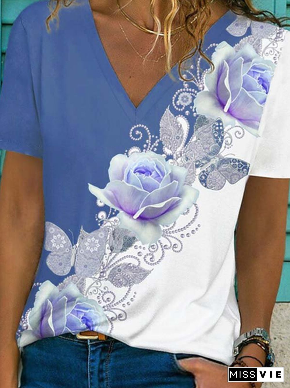 Casual V neck Floral Short Sleeve T-Shirt