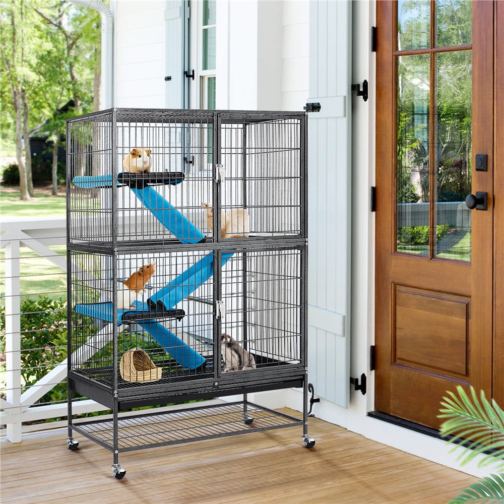 SmileMart Rolling Metal 2-Story Small Animal Cage with Removable Ramps， Hammered Black