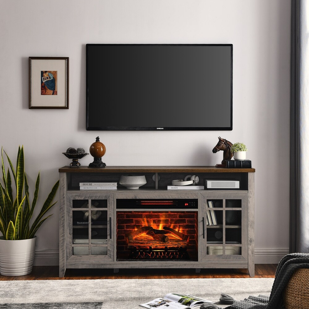 55 inch TV Media Stand with Electric Fireplace KD Inserts Heater Reclaimed Barnwood Color High quality and durable