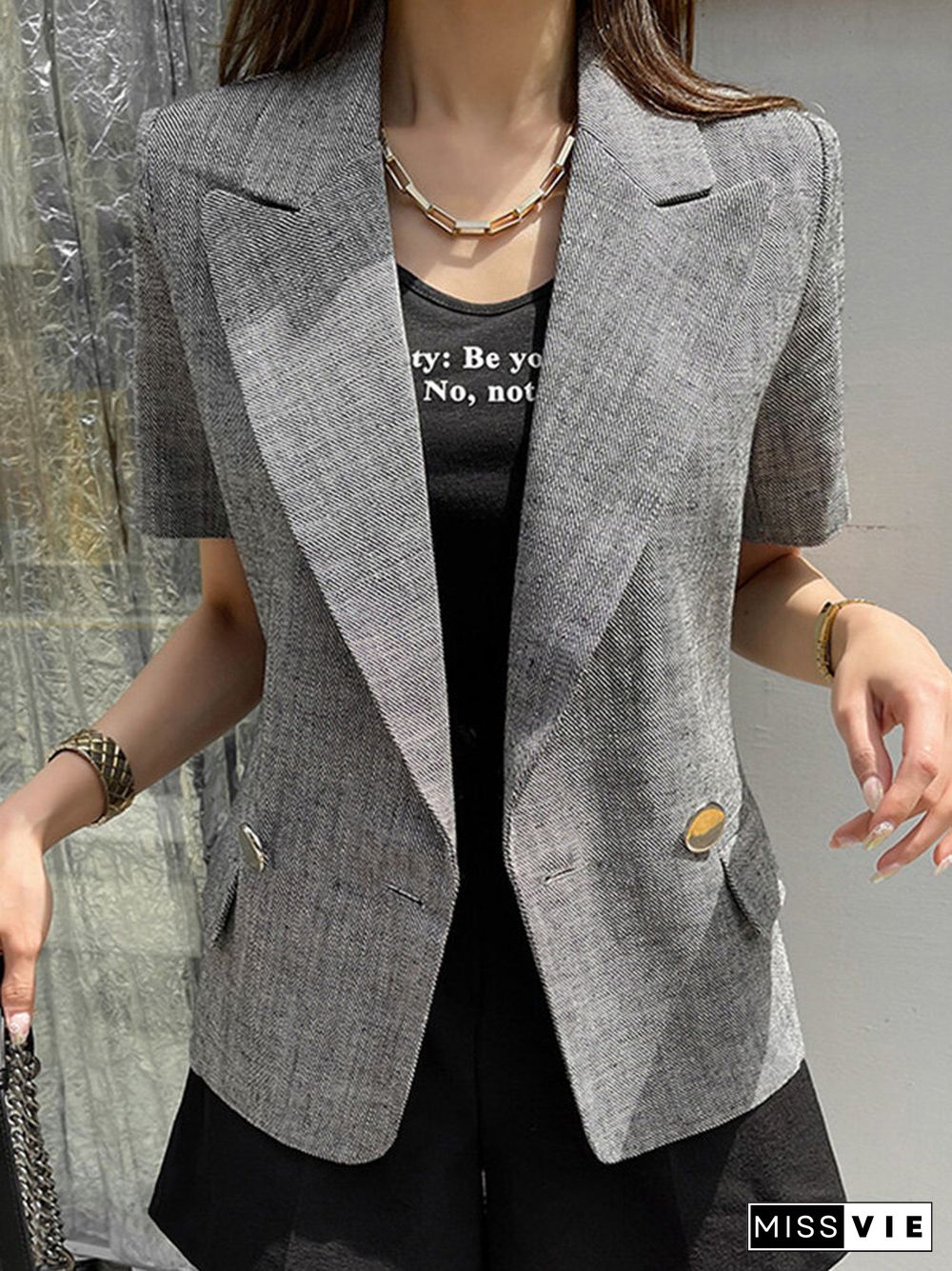 Short Sleeve Button Front Lapel Casual Blazer for Women