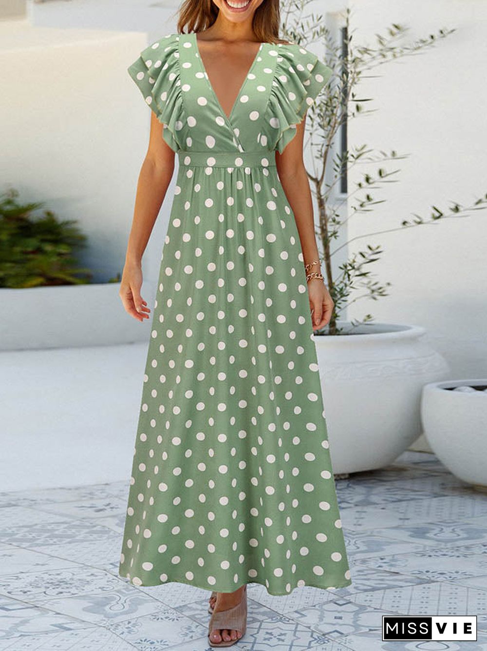 Polka Dot V Neck Cap Sleeve Maxi Dress