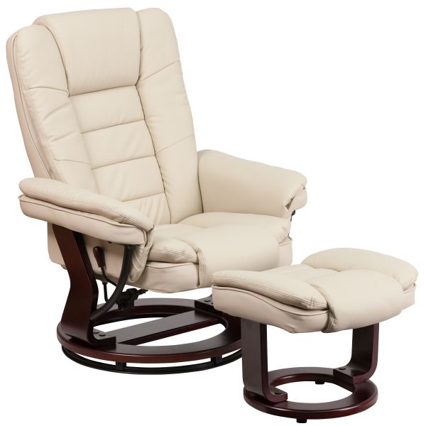 Bali Contemporary Multi-Position Recliner with Horizontal Stitching and Ottoman with Swivel Mahogany Wood Base in Beige LeatherSoft