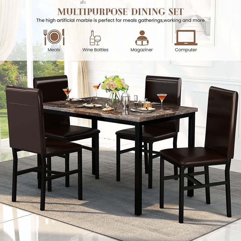 Modern Kitchen Dining Table Set for 4  Faux Marble Dining Set with 4 PU Leather Upholstered Chairs for Living Room  Kitchen