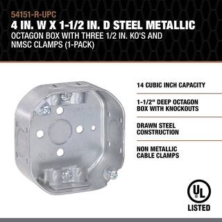 Southwire 4 in. W x 1-12 in. D Steel Metallic Octagon Box with Three 12 in. KO's and NMSC Clamps 1-Pack 54151-R-UPC