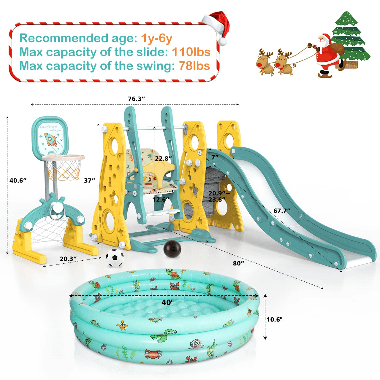 GIKPAL 6 in 1 Toddler Slide and Swing Set， Climber Slide Playset with Basketball Hoop Long Slide and Ball Pool for Kids Indoor Outdoor