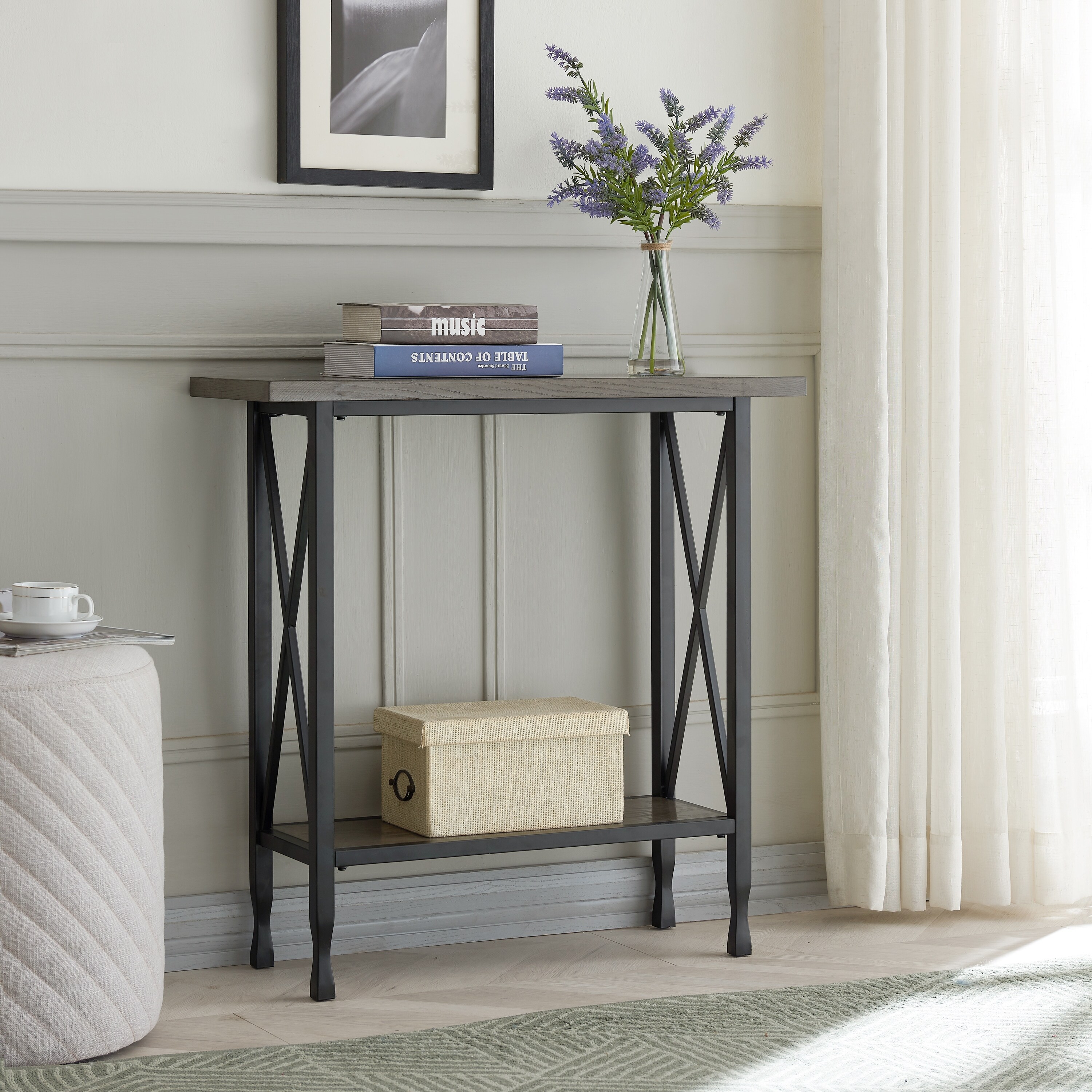 Gray/Matte Black X Design Mixed Wood and Metal Hall Console