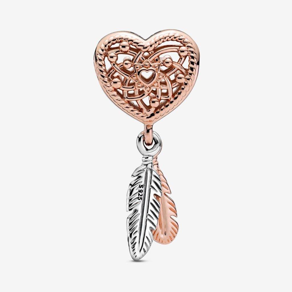 PANDORA  Openwork Heart & Two Feathers Dreamcatcher Charm