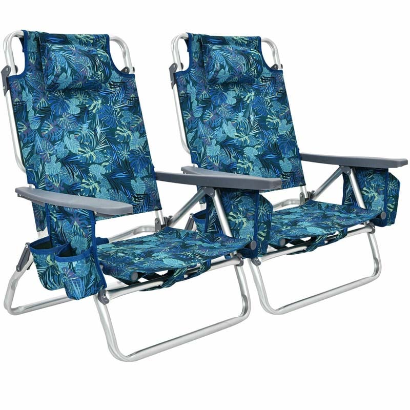 2-Pack Folding Beach Chair, Backpack Lawn Chairs, Sling Camping Chair, Patio Reclining Chairs with 5 Adjustable Position, Head Pillow