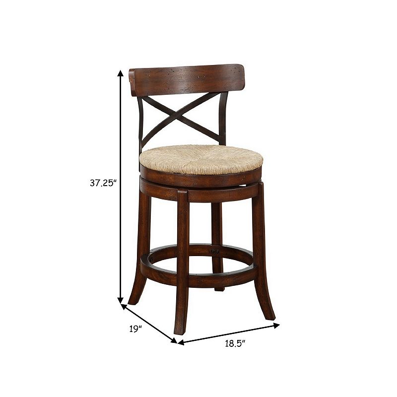 Mia 24 Inch Swivel Counter Stool， Crossed Metal Back， Sedge Seat， Brown