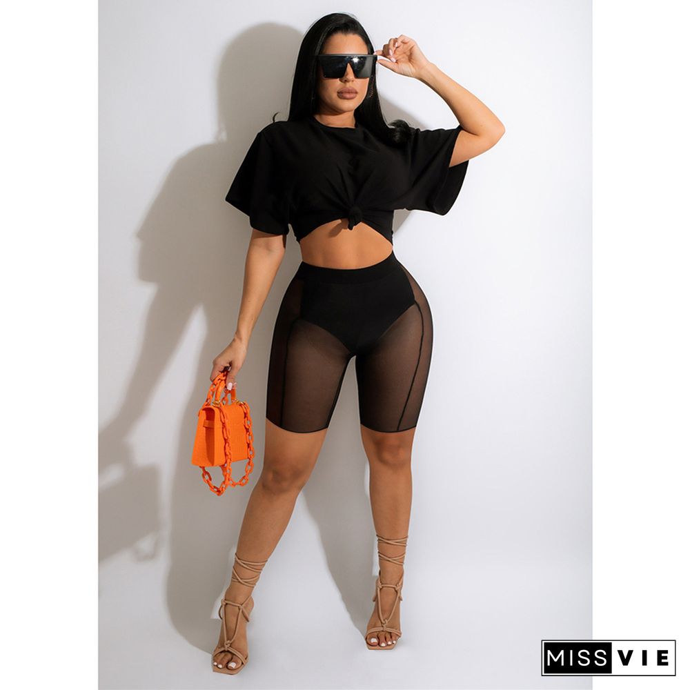 Solid Short Sleeve T-Shirt Sheer Mesh Shorts Tracksuit