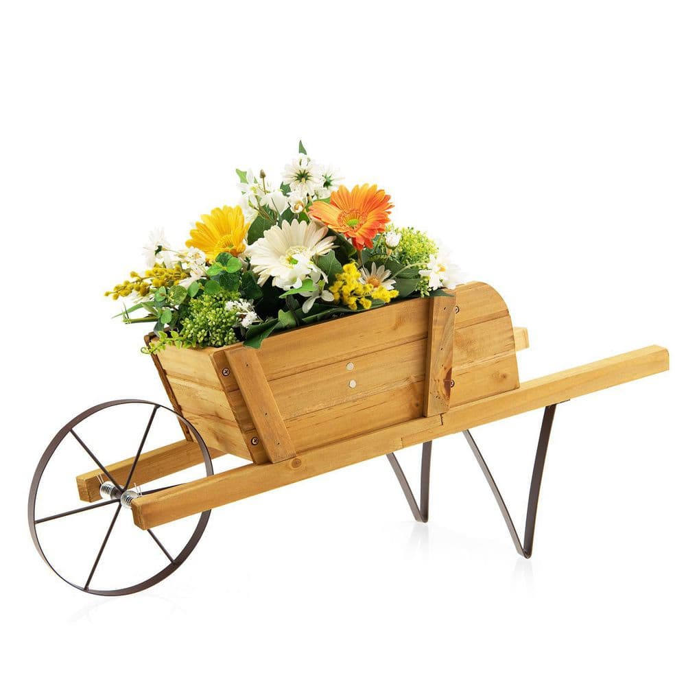 HONEY JOY Walnut Flower Pot Wheelbarrow Planter Solid Pine Wood Wagon Planter TOPB006449