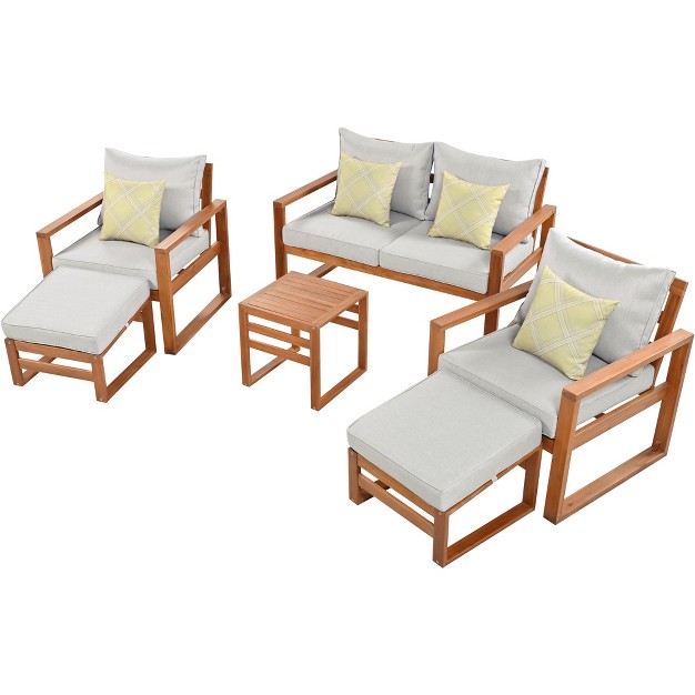 Outdoor Patio Wooden 6 piece Talking Set With Footrest And Cushion For Backyard Poolside Balcony Modernluxe