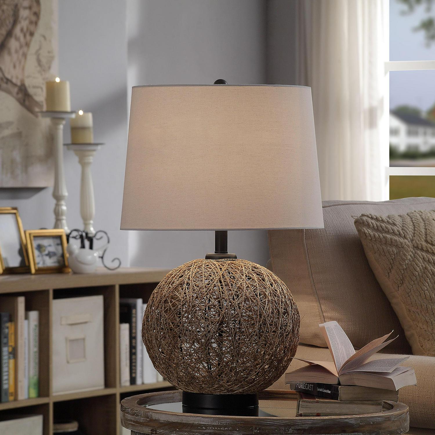 Table Lamp  Natural Rope Finish  Beige Hardback Fabric Shade