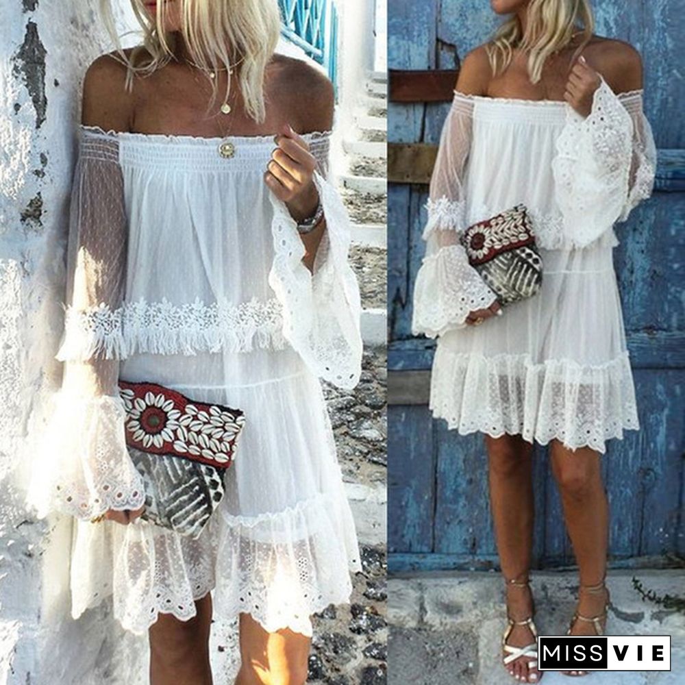 Women Bell Sleeve Lace Crochet Mini Dress Summer Beach Shirt Dress Plus