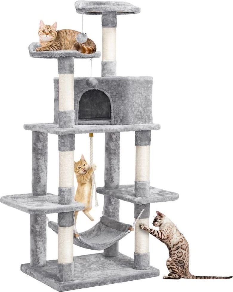 Yaheetech 58-in Plush Cat Tree and Condo， Light Gray