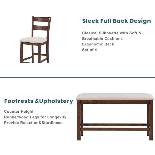 Wood Counter Height Kitchen Set with 4 Upholstered Chair and Bench