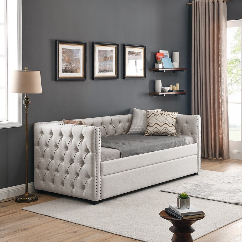 Daybed with Trundle Upgraded Linen Upholstered Twin Size Day Bed Button Tufted Sofa Daybed Frame