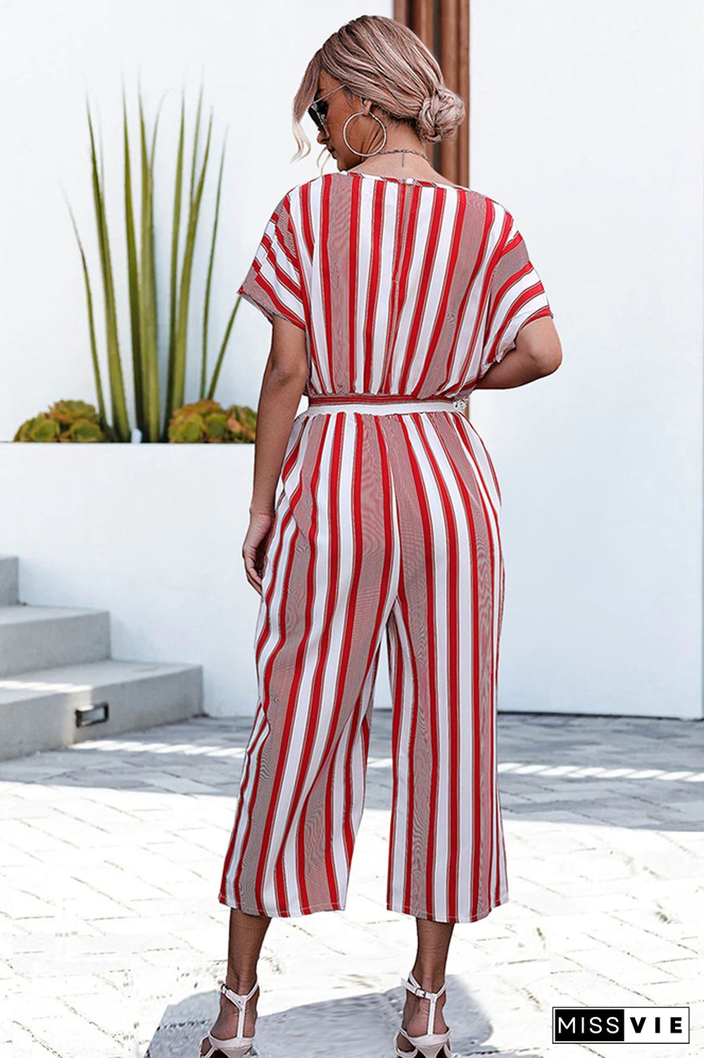 V Neck Striped Loose Jumpsuit