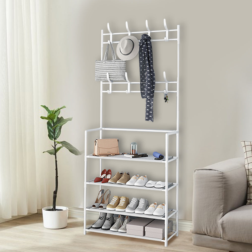 4-Tier Entryway Coat Rack with Shelf 3 in 1 Coat Rack Storage Rack with 8 Double Hooks， White