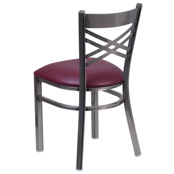 HERCULES Series Clear Coated ''X'' Back Metal Restaurant Chair - Burgundy Vinyl Seat