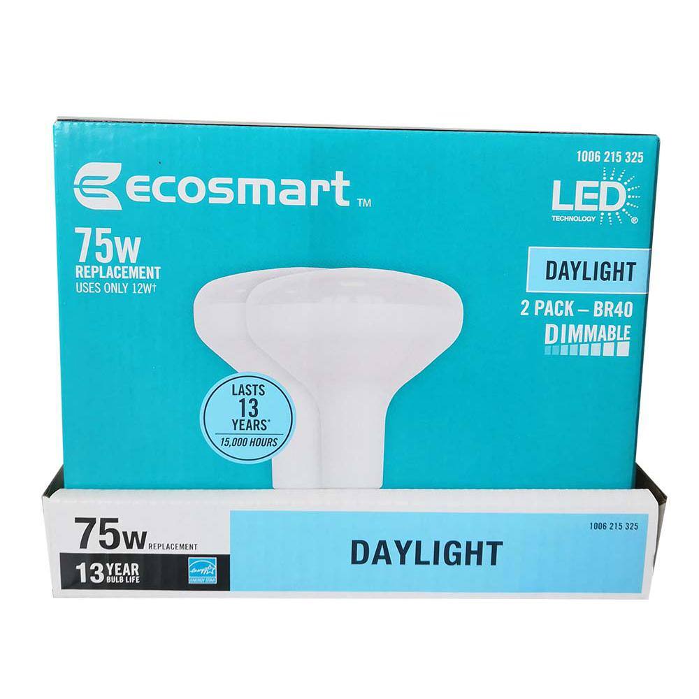 EcoSmart 75-Watt Equivalent BR40 Dimmable ENERGY STAR LED Light Bulb Daylight (2-Pack) BR40-1D 12W E26 120V 5000K