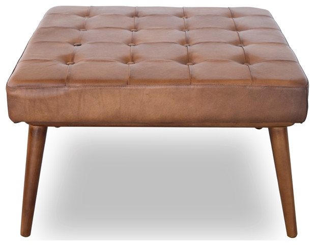 Pemberly Row Mid Century Modern Square Tufted Genuine Leather Ottoman in Tan   Midcentury   Footstools And Ottomans   by Homesquare  Houzz