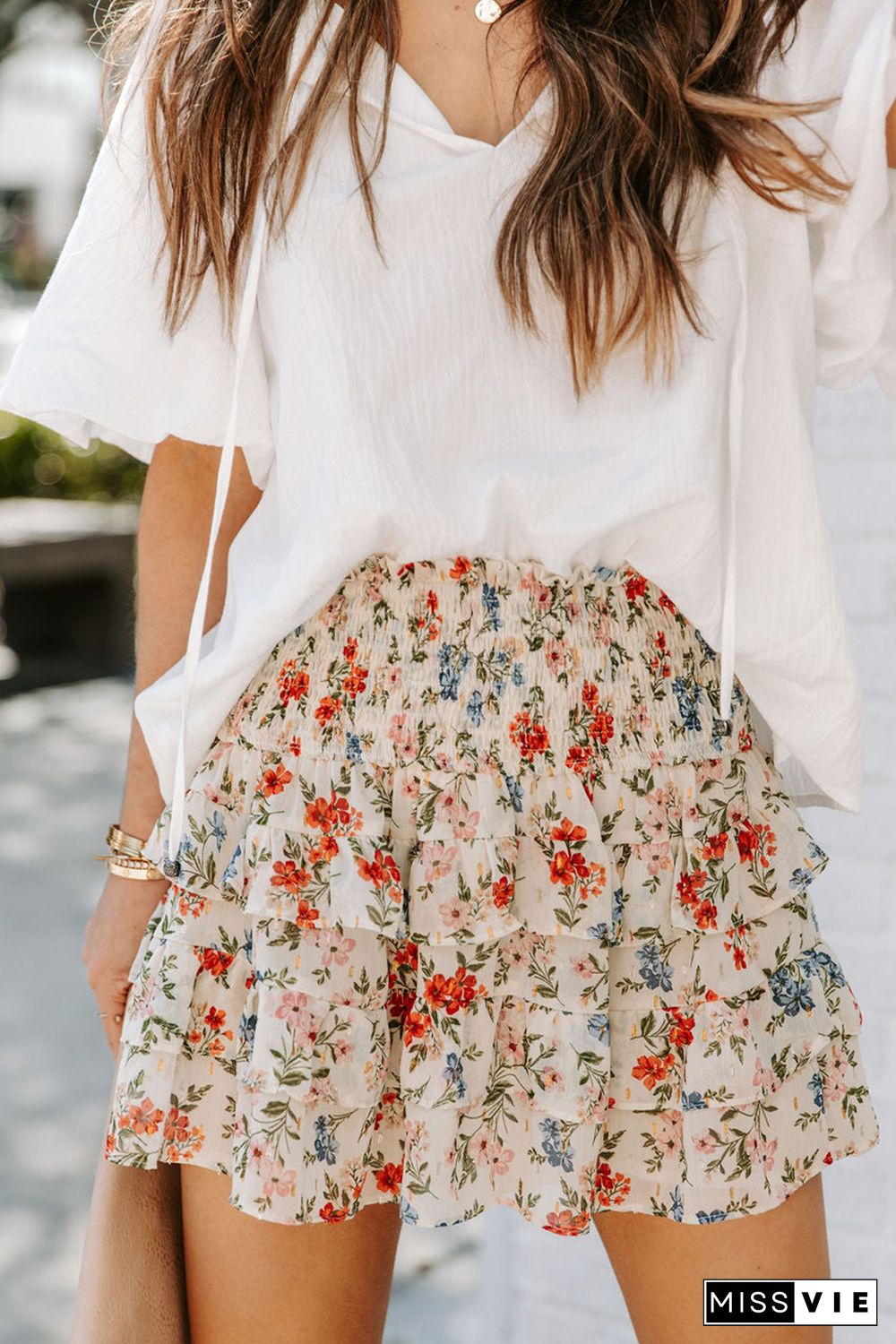 Beige Smocked High Waist Ruffle Tiered Floral Skirt