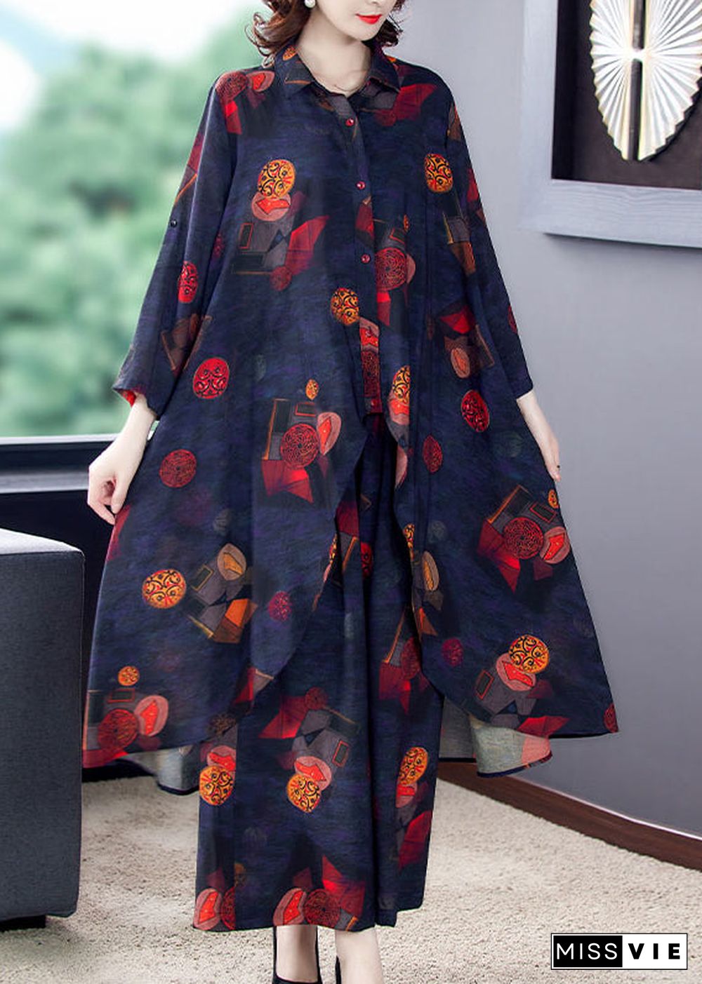 French Black Asymmetrical Print Chiffon Shirt And Wide Leg Pants Two Pieces Set Summer