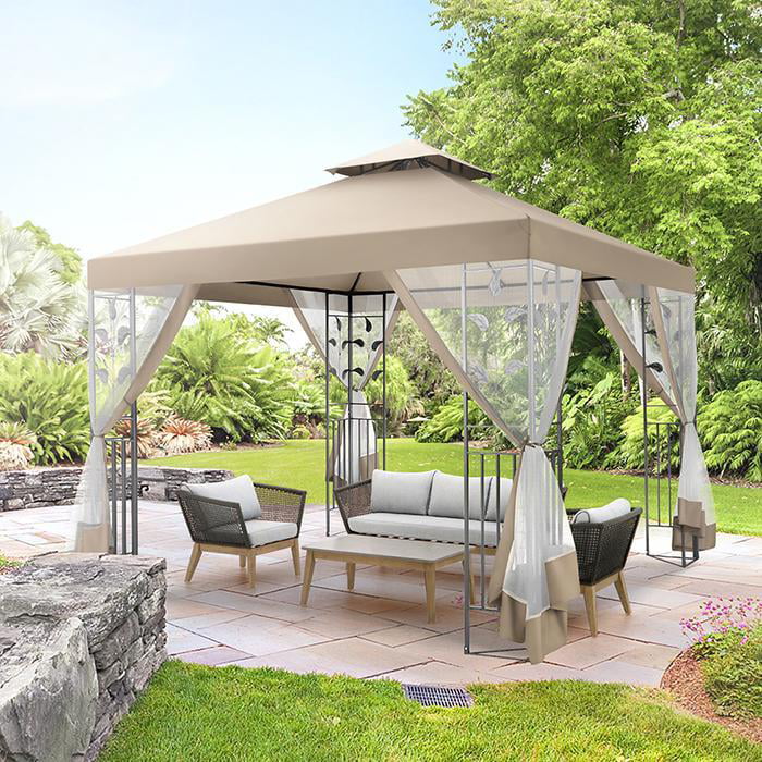 10'X13.3' Outdoor Gazebo Patio, Rain&Sun Protection Gazebo Canopy with Double Eaves, 4 Removable Side Walls, Assembled Style Canopy Tent Suitable for Yard, Garden, Beach