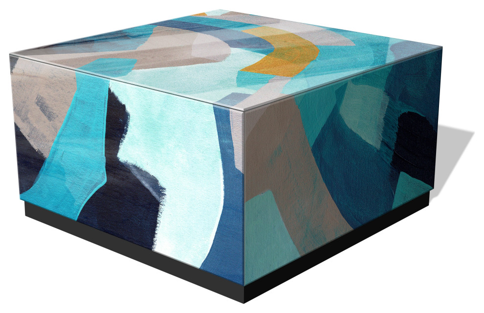 quotPuzzle Blues I quotReverse Printed Art Glass Cocktail Table with Black Plinth Base   Contemporary   Coffee Tables   by Empire Art Direct  Houzz