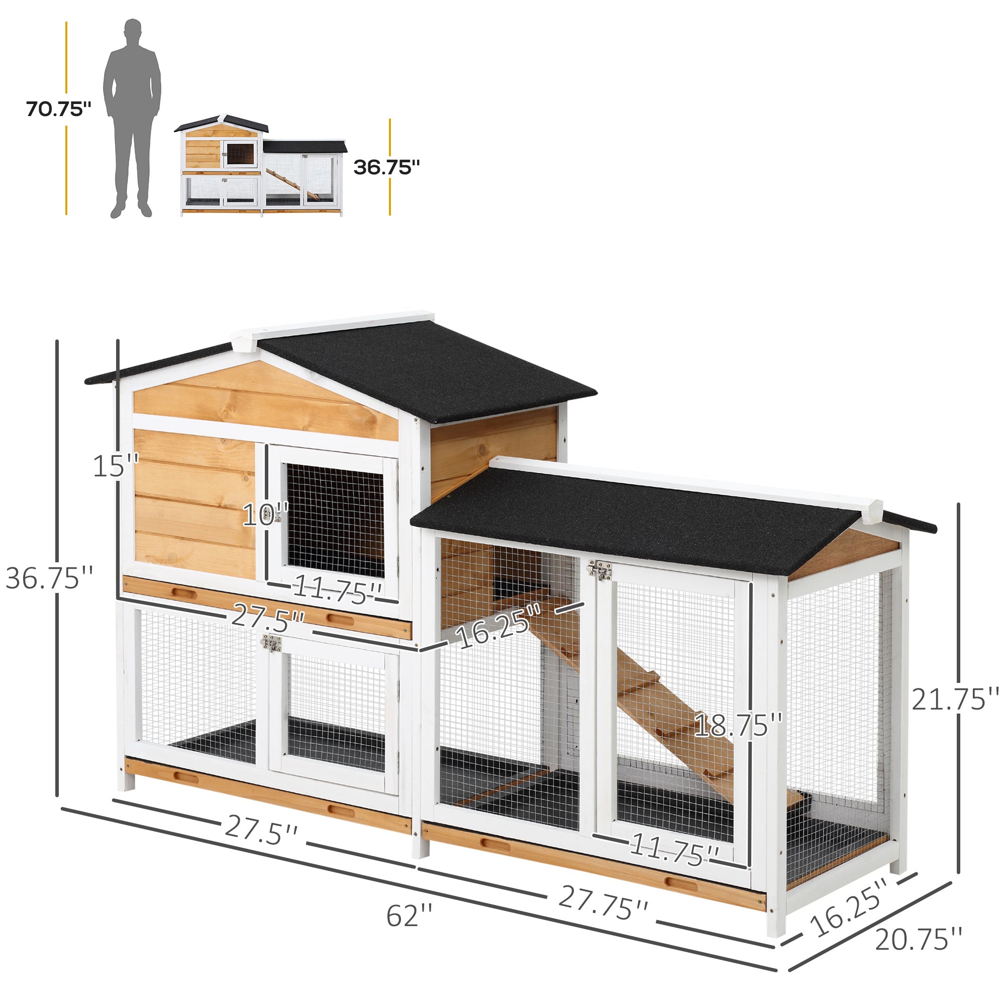 PawHut 2-tier Wood Backyard Bunny Cage Small Animal House w/RampandOutdoor Run