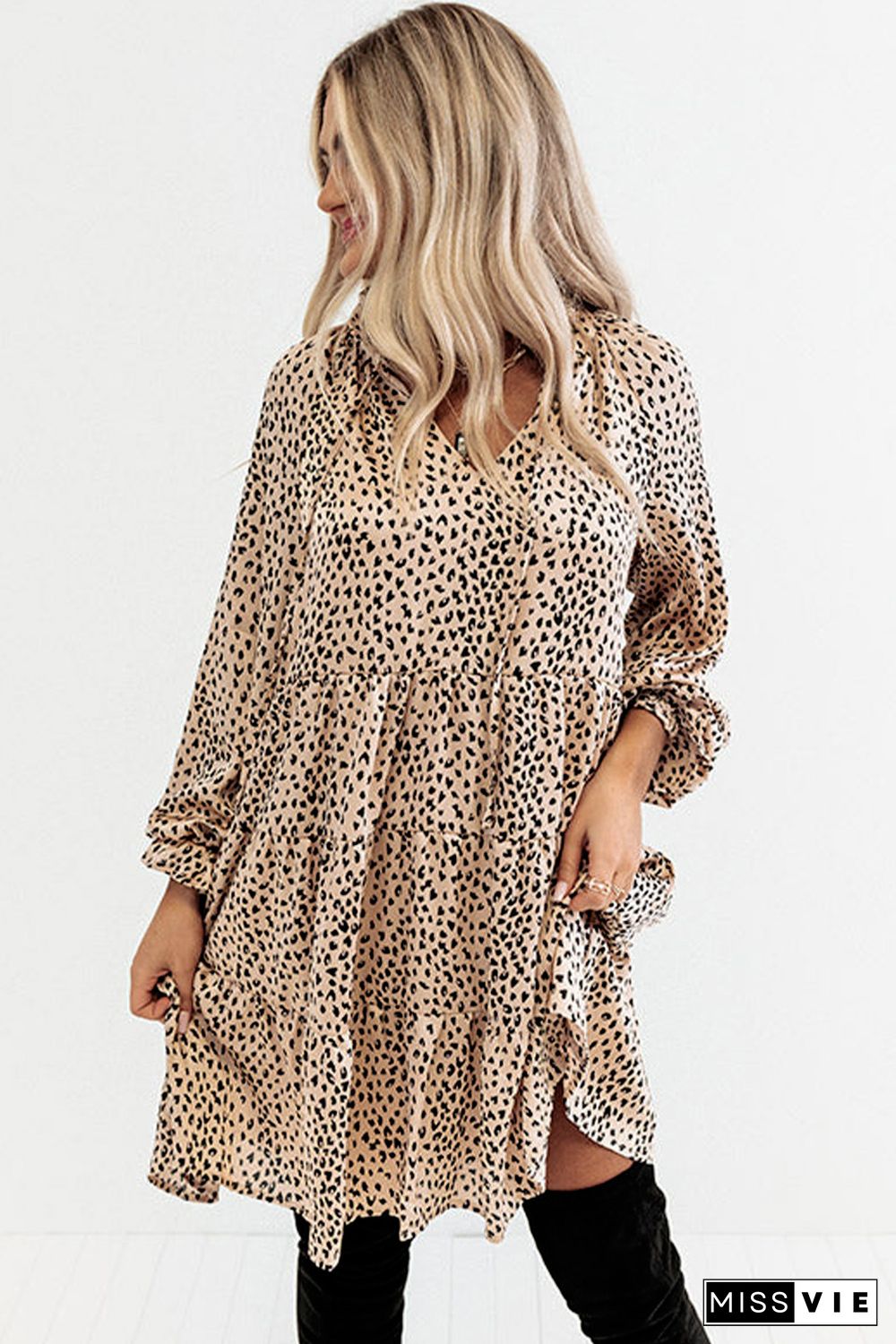 Khaki Leopard Print Ruffled V Neck Long Sleeve Mini Dress