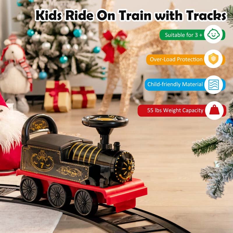 6V Kids Ride on Train with Tracks & 6 Wheels, Battery Powered Electric Ride On Toy with Lights & Music