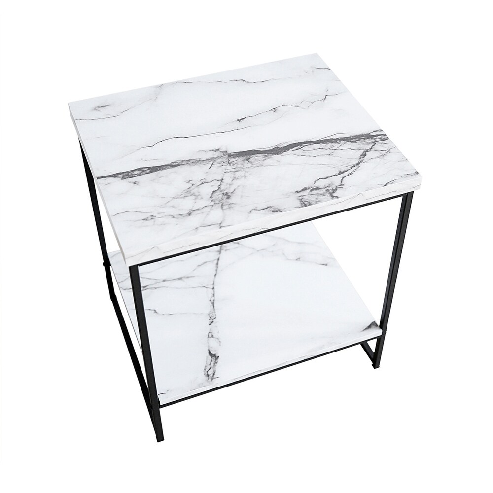 Roomfitters 2 Tier White Faux Marble Print End Table for Living Room