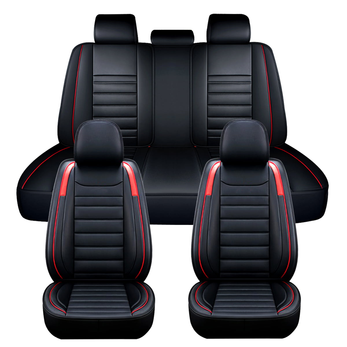 Universal Fit Car Seat Covers Set， 5 Seats Waterproof Leather Seat Covers Full Set for Cars SUV Van Pick-up Truck， Red