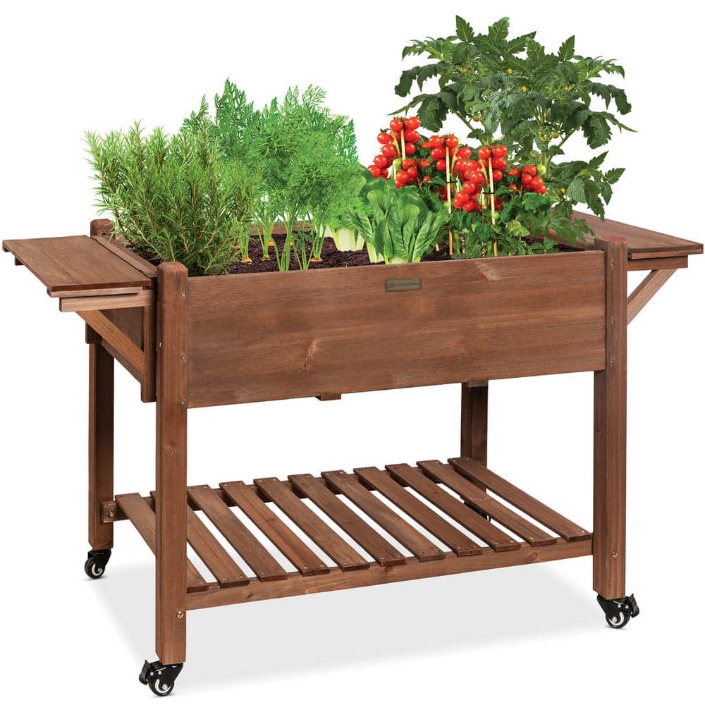 Best Choice Products 4.75 ft. x 1.67 ft. x 2.75 ft. Mobile Elevated Garden Bed， Raised Wood Planter Box with Folding Side Tables SKY6042