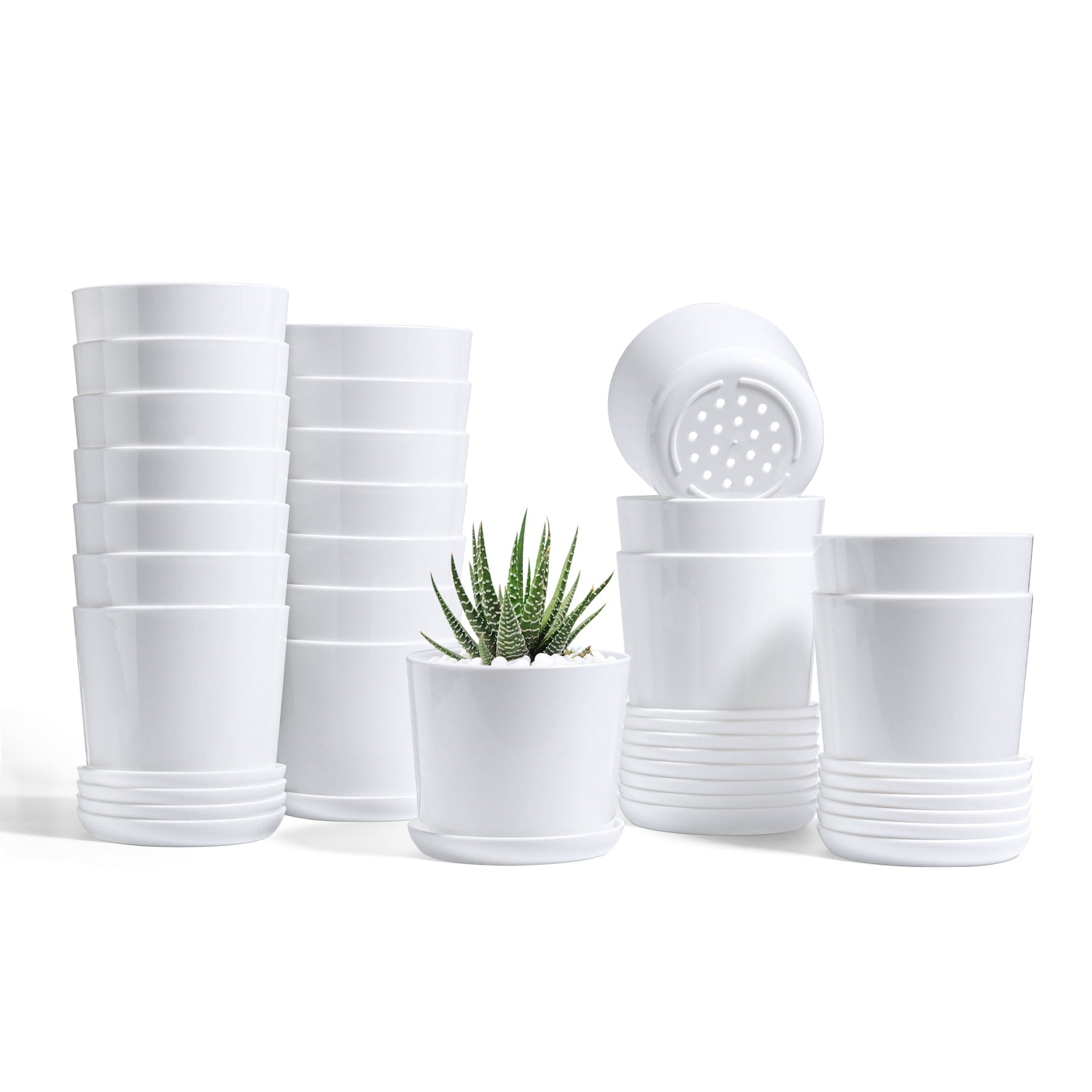 T4U 4 inches White Plastic Planters Plant Pots with Saucers, Set of 20