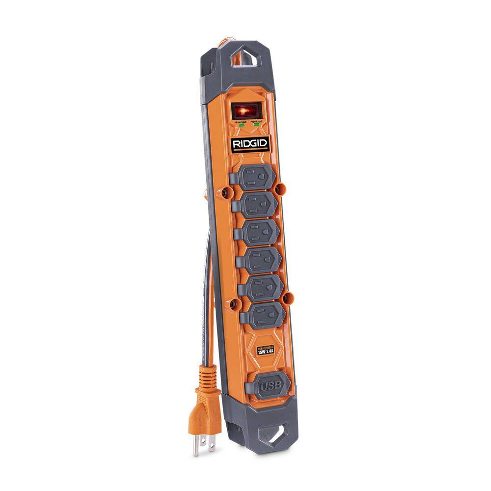 RIDGID 8 ft. Cord 6-Outlet 2.4 Amp USB-A 15-Watt USB-C 2100J Surge Protector RG608UC