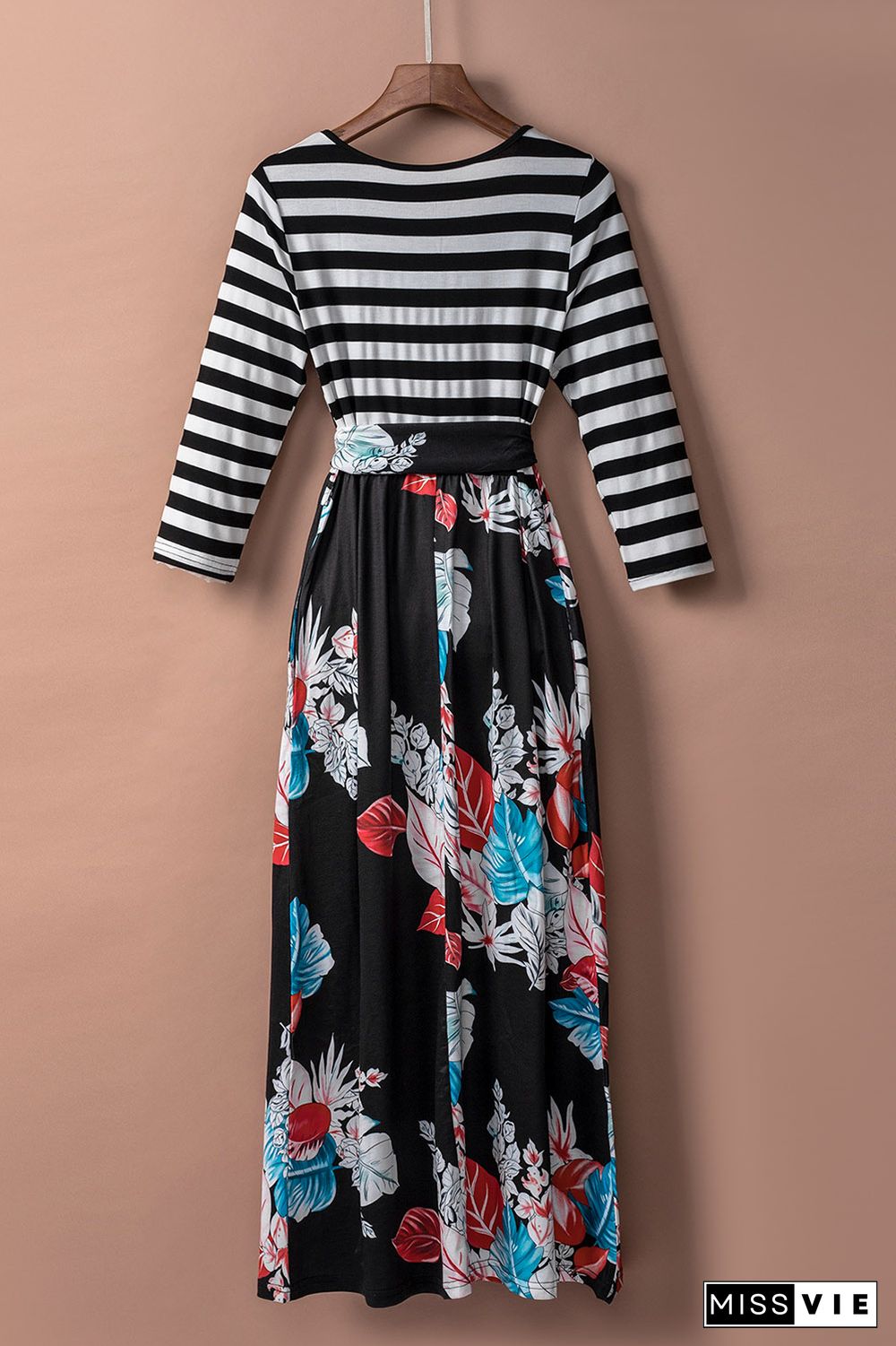 Striped Floral O-Neck Long Dress