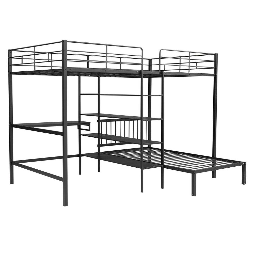 Full Over Twin Metal Bunk Bed  L Shaped Loft Bed Frame with Built in Desk  Shelves  Ladder  Storage Shelves  Black