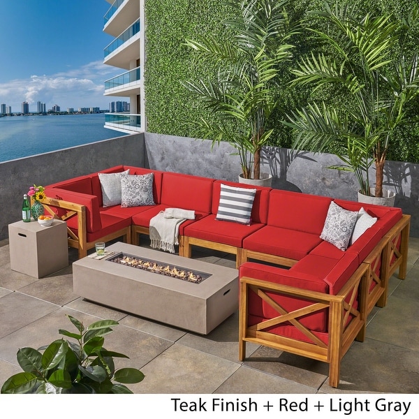 Brava Outdoor Acacia Wood 8 Seater UShaped Sectional Sofa Set with Fire Pit by Christopher Knight Home