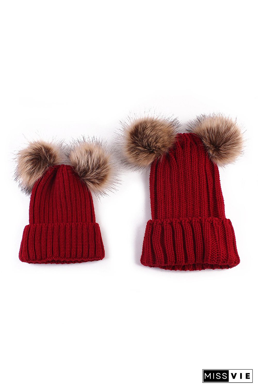 Parent-child Solid Double Wool Ball Knitted Hat 2pcs Set Wholesale MOQ3pcs