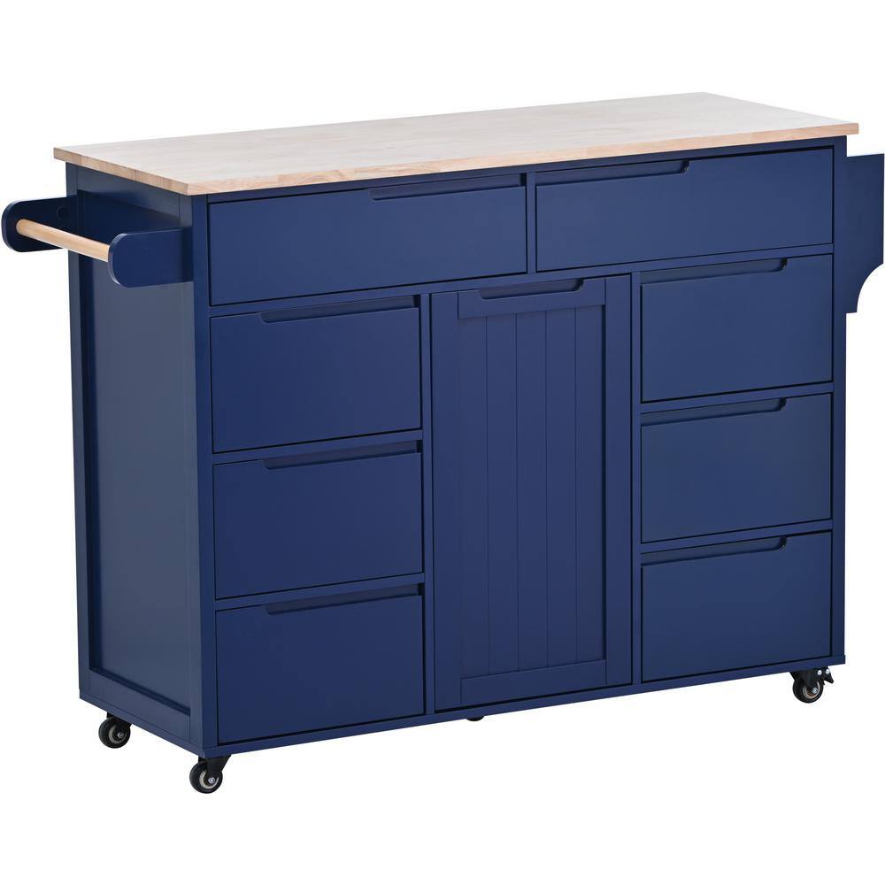 Siavonce Blue Rubber Wood 18.50 in. W Kitchen Island Cart with 8 Handle-Free Drawers Including a Flatware Organizer and 5 Wheels DJ-ZX-SK000002AAG