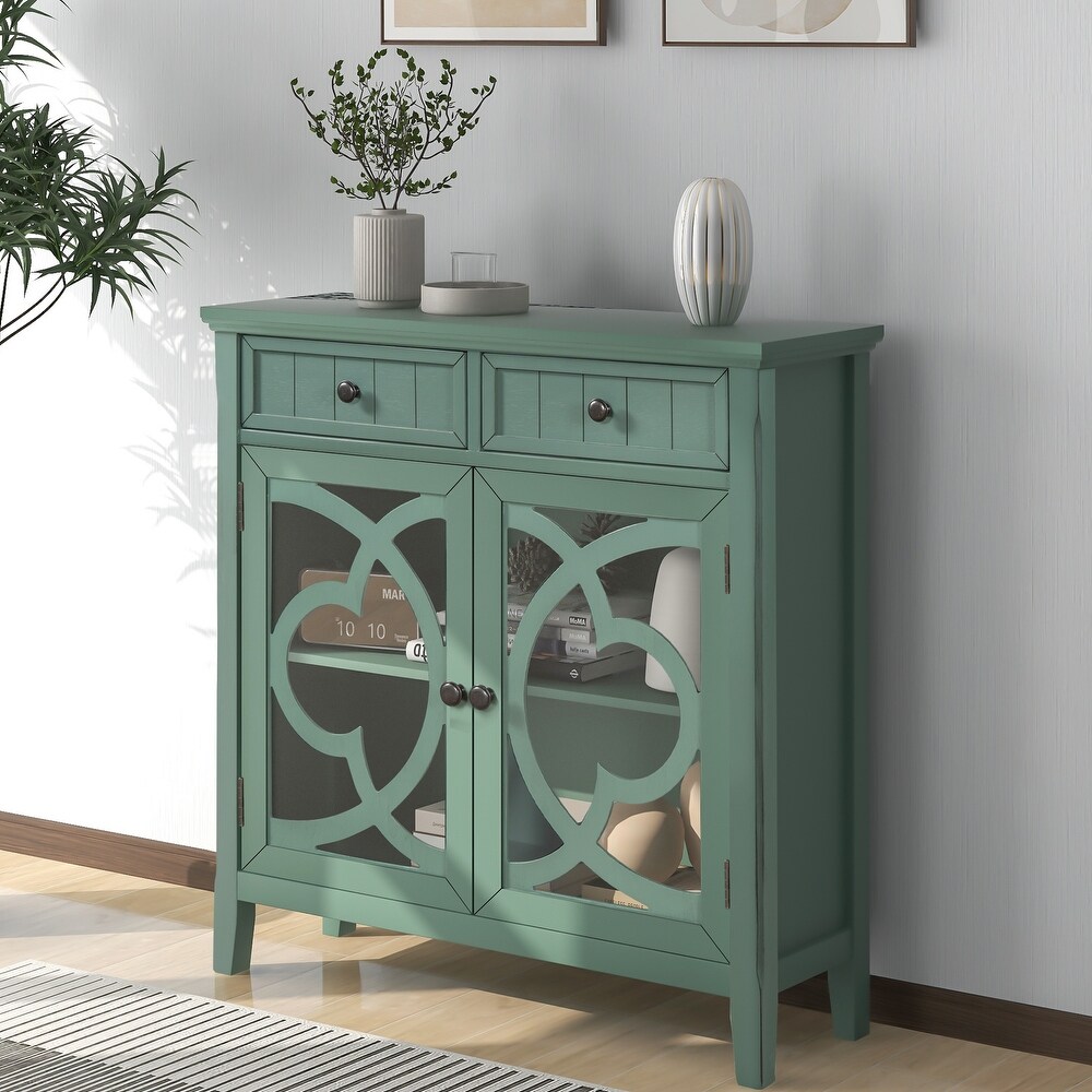 Accent Storage Cabinet Wooden Cabinet with Shelf and Glass Doors Dark Green