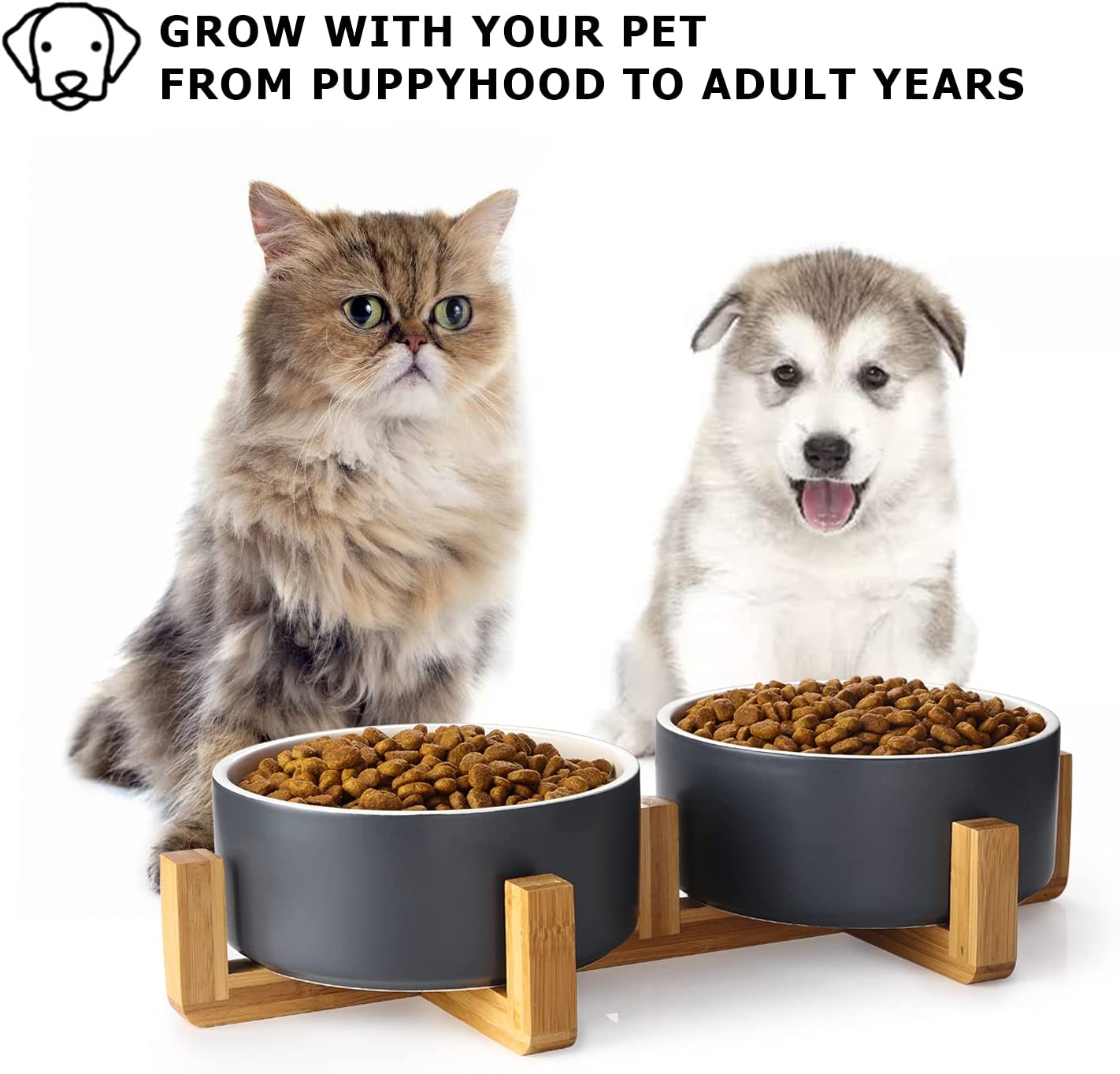 Y YHY Raised Dog Bowls Set of 2, Ceramic Dog Bowl Small Size Dog, 24oz Cat Bowls for Food and Water, Pet Bowls with Wood Stand for Small/Medium/Large Dogs or Cats, Dishwasher Safe