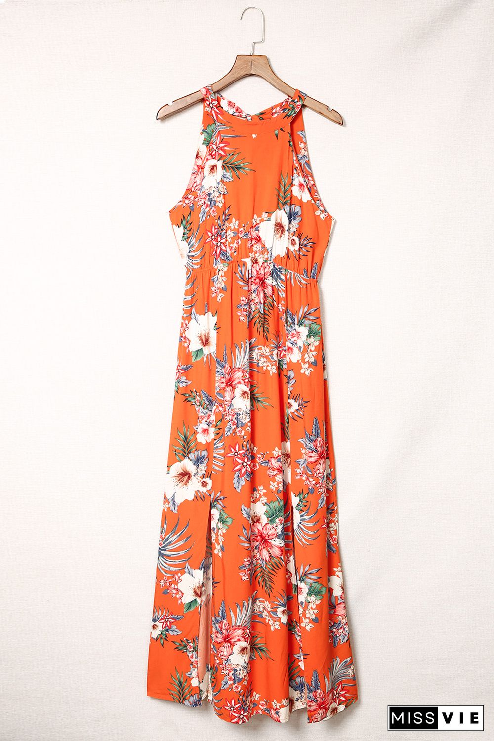 Orange Halter Neck Sleeveless Floral Dress with Slits