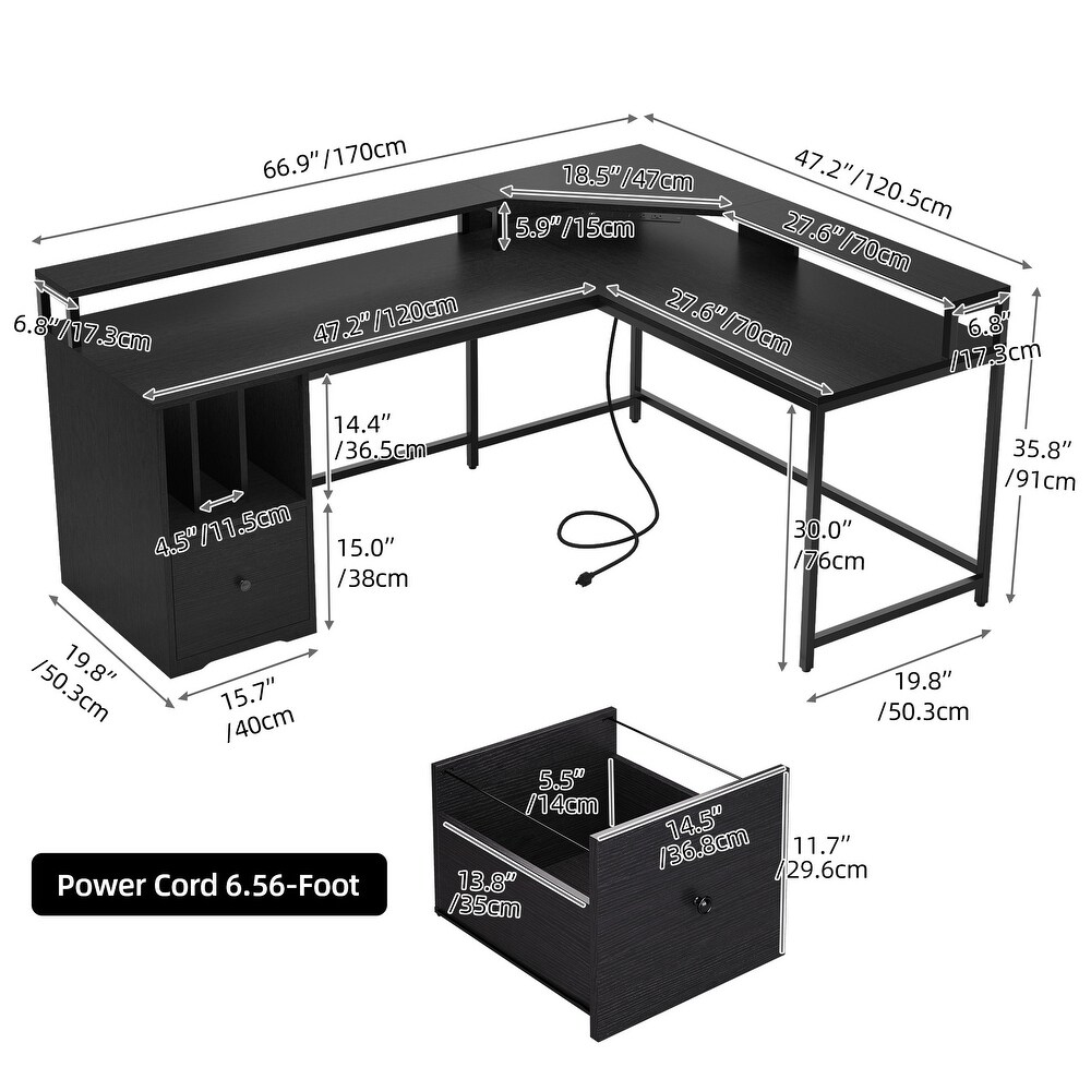 66 inch L Shaped Desk with Shelves and Monitor Stand Home Office Desk