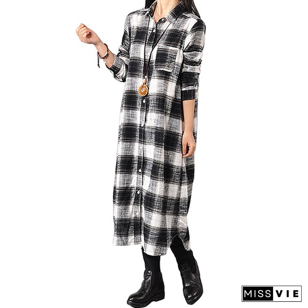 Zanzea Women Full Sleeve Lapel Collar Plaid Printed Straight Check Dress Casual Loose Dresses