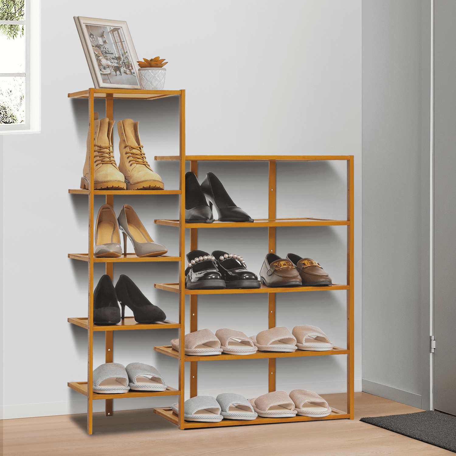 MoNiBloom Bamboo 10 Tiers 20 Pairs Shoes Rack， Storage Shelf Stand， Brown， for Entryway